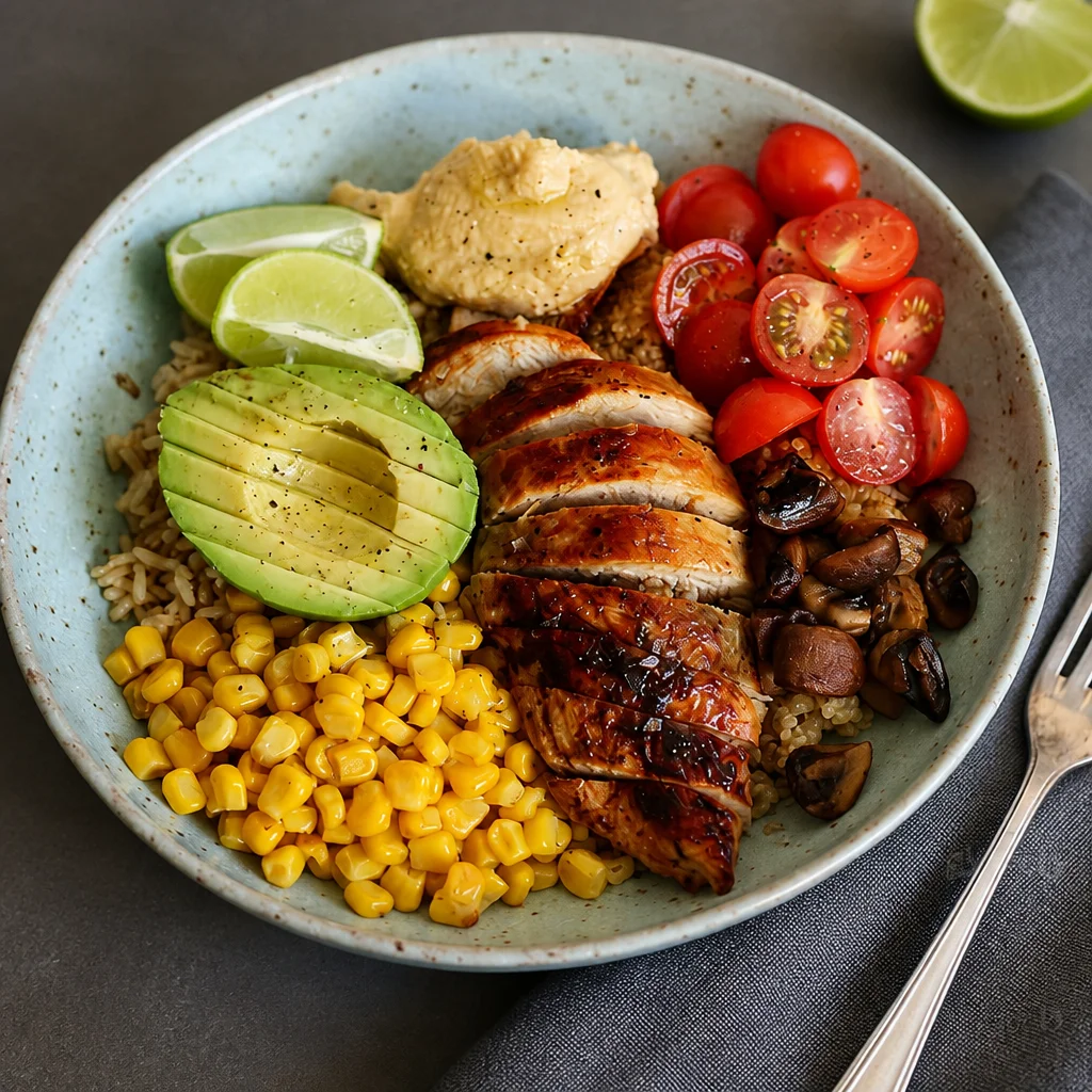 Heißluftfritteuse Quinoa-Hähnchen-Bowl mit frischem Gemüse und würzigem Hähnchen.