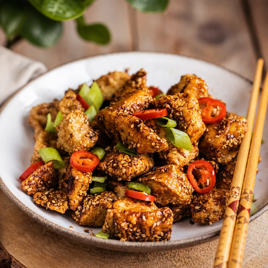Air Fryer Tofu-Protein-Bowl mit buntem Gemüse und einer würzigen Sauce.